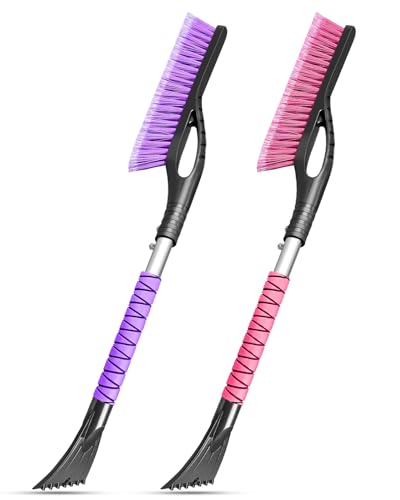 HEEYA 2 Pack 27 Inch Ice Scraper and Brush for Car, Snow Brush and Ice Scraper with Foam Grip, Detachable Snow Scraper for SUV Truck Jeep Vehicle Auto Windshield Window - Purple & Pink