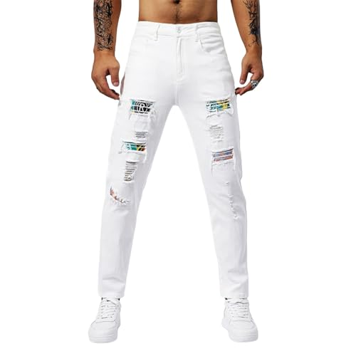 Jeans Pants Trousers Denim White Street Trendy Stretch Slim Fit Piercing Wear and Tear Out Tassel Edge Worn Hole Printed Casual Straight Leg for Men(White,33)