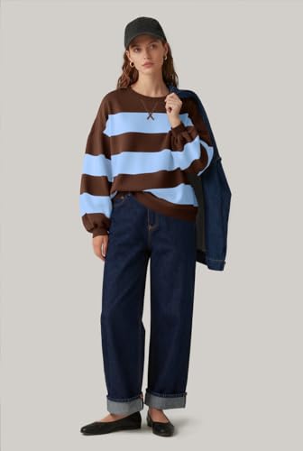 Image of UEU Women Oversized Striped Crewneck Sweatshirt Long Sleeve Color Block Pullover Tops Casual Loose Workout Shirt