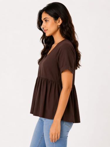 Image of Women's Black Button-Front Peplum Top - Short Sleeve V-Neck Casual Blouse, Lightweight Rayon Cotton, Everyday Wear, Summer & Work Outfit