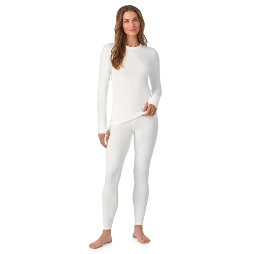 Cuddl Duds Womens Heavyweight Fleece 2 Piece Long Sleeve Thermal Underwear Set – Shirt & Leggings Base Layer for Cold Weather – Winter Clothing Long Johns Lounge Sets for Women, White, L