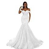 Zeeyecie White Boho Wedding Dresses for Brides Tulle Lace Appliques Off Shoulder Mermaid Backless Sexy 3D Flower Floral Bridal Gowns with Train 2025 US8