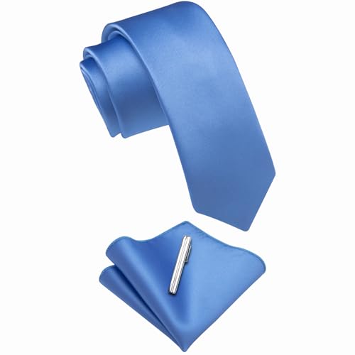 Image of YourTies Skinny Ties for Men Satin 2.4 inch Slim Necktie with Pocket Square Tie Clip Set Solid Color Wedding Party Business