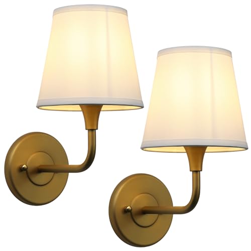 Image of Phansthy Hardwired Brass Boho Wall Sconces Set of 2, Vintage Industrial Wall Lamps, Vanity Sconces Wall Lighting with Natural Fabric Shade for Bathroom Bedroom Living Room (Antique + White Shade)