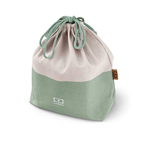 monbento - Lunch Bag MB Pochette L Natural Green - Polyester and Cotton Large Lunch Tote - For Work Lunch Packing - Can Contain a Bento Box + a Bottle + a Cutlery Set - Cream & Green