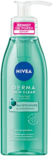 NIVEA Derma Skin Clear Gel de lavado (150 ml), limpiador y limpiador para pieles con impurezas, gel limpiador eficaz con ácido salicílico y niacinamida