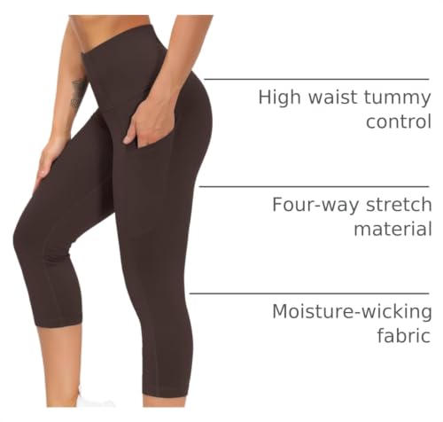 Image of THE GYM PEOPLE Thick High Waist Capris Yoga Pants with Pockets, Tummy Control Workout Running Yoga Leggings for Women