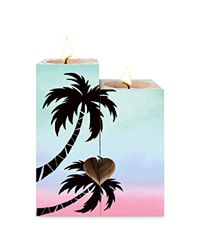 Tropical Candle Holder With Tea Light,Vintage Wood Tealight Candle Stick Holder Pillar Centerpiece,Summer Palm Tree Abstract Dusk Sunset Painting Heart-Shaped Tall Wooden Candle Holders Decor Set #TOP30