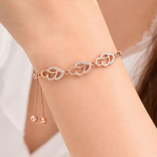 Image of Nilu's Collection Silver & Rose Gold With American Diamond Heart Link Adjustable Bracelet For Women