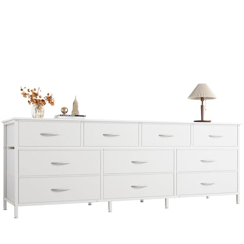 Huuger 63 Inch Dresser for Bedroom, Long Dresser with 10 Fabric Drawers, TV Stand for 55, 65, 70 Inch TV, Toy Storage Organizer for Closet, White