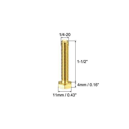 Image of uxcell Brass Hex Bolts, 1 /4-20x1-1 /2 5pcs Fully Thread Grade 4.8 Solid Brass Hexagon Head Bolt Machine Screws for Machinery