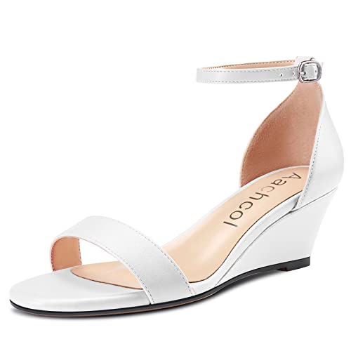 Aachcol Damen Sandalen Peep Open Zehenkappe Knöchelriemen Keilabsatz Mittlerem Absatz Heel Dress Schuhe Pumps Büroschuhe Hochzeit Matt Weiß 5 CM 38 EU