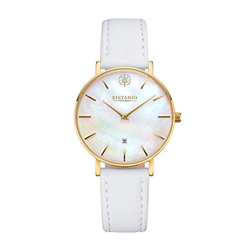 Kistanio Damenuhr Petit Goldfarben Edelstahl Saphirglas mit weißem Lederband GO-PM-L-WH