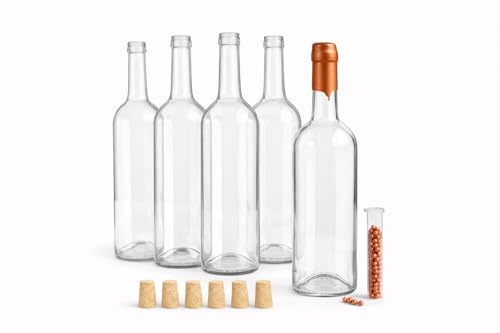 Taninea Botellas Cristal Vacías para Vino 750 ml Blanca/Transparente con Corcho Cónico Natural y Lacre – Pack 6 – Tipo Bordelesa – Reutilizables para Vino Casero, Licores, Aceites y Vinagres