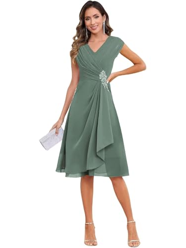 Beach Wedding Mother of The Bride Dresses for Women Cap Sleeve A Line Chiffon Eucalyptus Mother of The Groom Dress Knee Length US 8