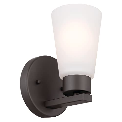 Image of Kichler Stamos Wall Sconce 1-Light with Satin Etched Glass, Modern Bathroom or Hallway Light in Olde Bronze, (8 inch H x 5 inch W x 6 inch D)