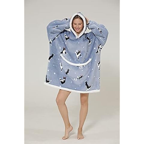 Sacebeleu Hoodie Sweatshirt Blanket,Oversized Sherpa Fluffy Fleece Blanket,Super Soft Warm Comfortable Hoody,Giant Front Pocket for Men Women Teens,One Size Fits All,Blue,Puppy Pattern Cover