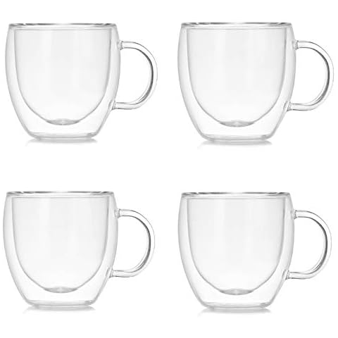 Marooma Glass Coffee Cups, 150ML Double Walled Insulated Thermo Glass Drinking Mugs, Heat Resistant Borosilicate Glasses Mugs with Handle for Coffee, Tea, Espresso, Beer - Set of 4 Cover