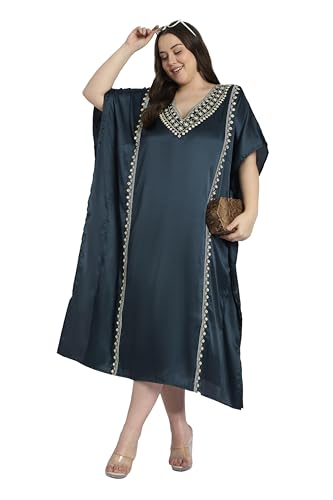 Women Long Kaftan Plus Size Satin Soft Embroidery Swimsuit Cover Up Embroidered Work Caftan Gown Dress for Ladies4