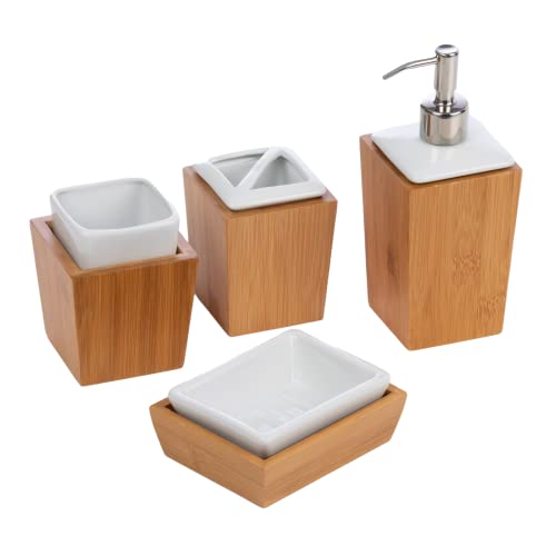 Homiu Set de bain 4 pièces en bambou et porcelaine, porte-savon, porte-brosse à dents, gobelet, distributeur de savon liquide/lotion, accessoires de salle de bain design moderne, blanc