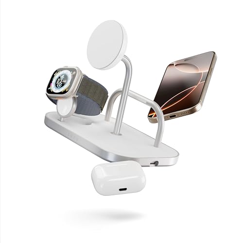 Zens 4-in-1 Wireless Charger è dotato di una porta USB-C da 60 W integrata sul lato, per caricare contemporaneamente un quarto dispositivo.
