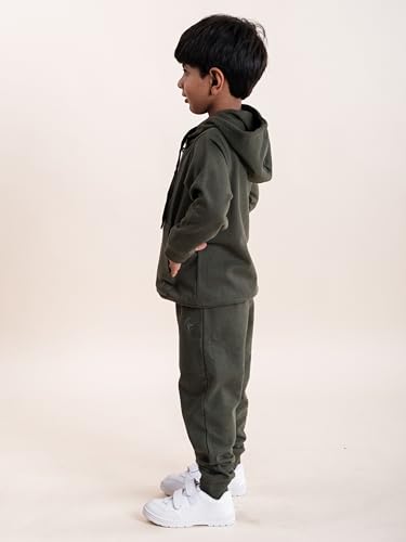 Image of Boys Solid Fleece Full Sleeve Zip Front Open Hooded Sweatshirt With Track Pant Set