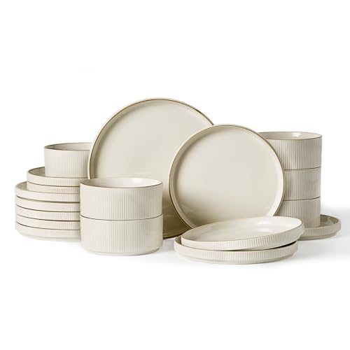 famiware Star Dinnerware Set, Plates and Bowls Sets for 6 (18pcs), Ribbed Stoneware Dishes - Chip & Scratch Resistant, Microwave & Dishwasher Safe Kitchenware, White