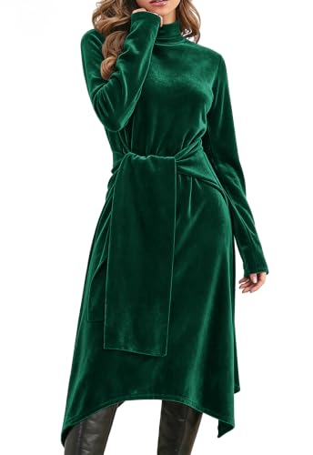 Image of Jayscreate Women's 2023 Long Sleeve Sweater Dress Fall Winter Midi Tie Front Knit High Waist Business Casual Dress