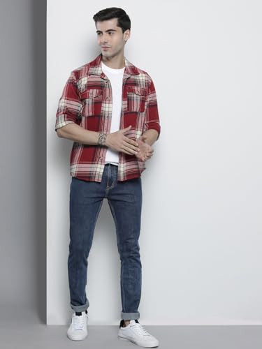 Image of The Indian Garage Co Men Regular Fit Checkered Full Sleeves Spread Collar Double Flap Pocket Casual Over Shirt