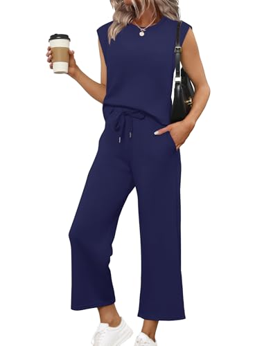 Image of SAMPEEL Two Piece Sets for Women Casual Travel Vacation Outfits Summer Wide Leg Crop Pants Lounge Sets