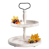 Mustry Rustic Wooden 2 Tiered Tray, Round Farmhouse Kitchen Table Decor Serving Tier Tray, Food Fruits Cupcake Display Coffee Bar Home Party Seasonal Decorations (White)