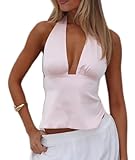 Women Satin Halter Crop Top Deep V Neck Backless Tank Tops Sexy Open Back Camisole Summer Going Out Tops (Pink, L)