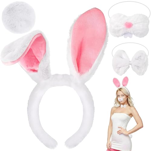 Diadema de orelhas de coelho da Páscoa, diadema com orelhas de coelho de pelúcia, nariz de coelho de coelho gravata-borboleta, acessórios de disfarce de coelho para Páscoa, carnaval, aniversário