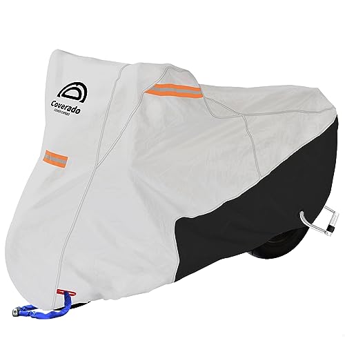 Image of Coverado Motorcycle Cover Waterproof, All Weather Protection Outdoor Full Motorcycle Covers - UV Proof with Flame Retardant Fabric Fit for Harley Davidsion Yamaha Honda Suzuki (up to 93 inch Motors)