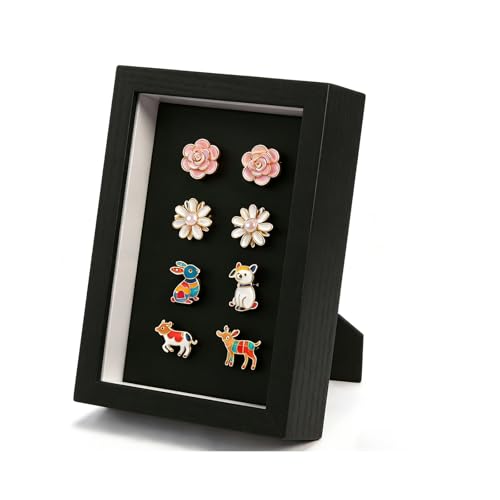 ZAYHENYOO Pin Display Case Enamel Pin Collection Display with Deep Shadow Box Picture Frame with True Glass or DIY Craft Shadowbox for Shells/Flowers Hanging or Tabletop Display (Black 1P 4*6)
