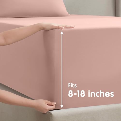 Image of Nestl Split King Bed Sheet Set - Peach Beige - 5-Piece Deep Pocket | Instantly Soft, Night-One Ready (No Wash Required). Fits 16-Inch Deep Pockets, 360-Degree Elastic Grip