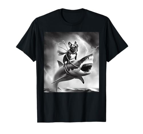Funny Dog French Bulldog Riding a Shark in Tornado Meme T-Shirt