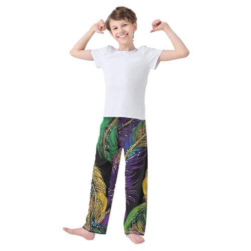 ZZXXB Mardi Gras Feathers Print Boys Long Pants Soft Trousers Elastic Waist Kids Lounge Bottoms with Pockets S-XL3
