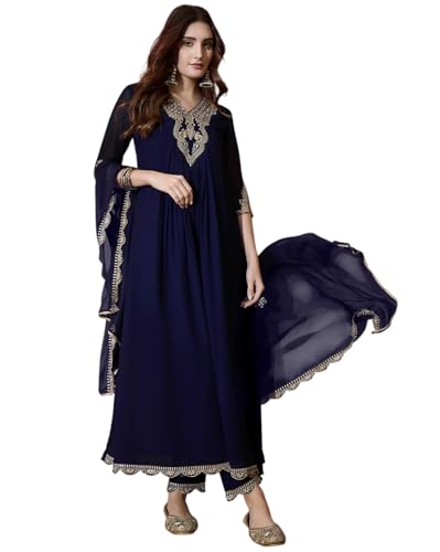 Image of Amazon Brand - Tavasya Women Poly Georgette Zari Sequence Embroidered Kurta with Pant and Dupatta | Salwar Suit | Kurta Set