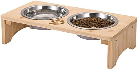 COOZMENT Elevated Dog Bowls, Dog Food Bowls,Bamboo Dog Bowl Rack, Raised Feeding Bowls for Cats and Dogs, Non-Slip Dog Cat Feeder with 2 Stainless Steel Bowls 15 x 7 x 4 inches（100% Natural Wooden）