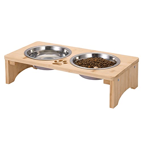 Coozment Elevated Dog Bowls, Dog Food Bowls,Bamboo Dog Bowl Rack, Raised Feeding Bowls For Cats And Dogs, Non-Slip Dog Cat Feeder With 2 Stainless Steel Bowls 15 X 7 X 4 Inches（100% Natural Wooden） #TOP1