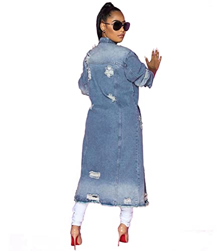 ebossy Women's Ripped Out Distressed Washed Long Blue Denim Jacket Trench Coat2