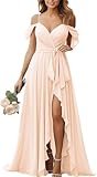 HPPEE Rose Gold Bridesmaid Dresses Plus Size for Women Ruched A Line V Neck Off Shoulder Formal Party Gown UK28