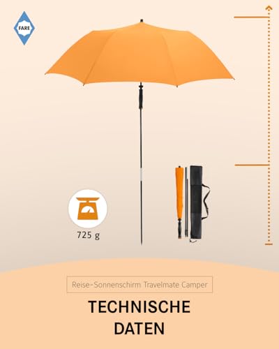 FARE Reise-Sonnenschirm Travelmate Camper – Leicht & Kompakt, UV-Schutz UPF50+, Ideal für Reisen, Strand, Outdoor & Camping - Als Regenschirm nutzbar