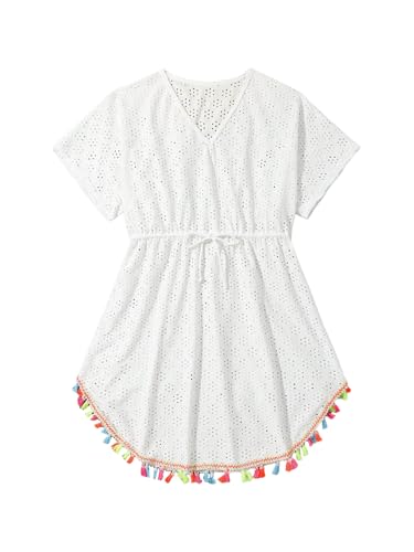 GORGLITTER Girl's Cute Swimsuits Crochet Beach Cover Short Sleeve V Neck Fringe Coverups Swimwear