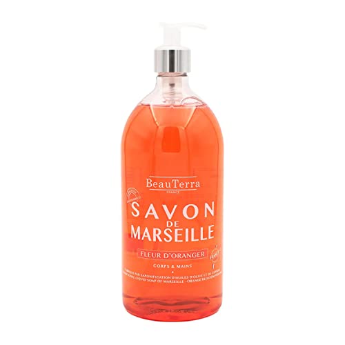 BeauTerra - Savon de Marseille Liquide 1L - Fleur d'Oranger - Corps et Mains - 96,5% d'Ingrédients d'Origine Naturelles - 100% Fabriqué en France Cover