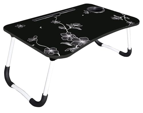 Image of Trailbrix Stylish Multi-Purpose Portable Laptop Table, Foldable Wooden Desk for Bed Tray, Laptop Table, Study Table with Mug Holder, Ergonomic, Non-Slip Legs in Bed Table (BLACK FLOWERRR)