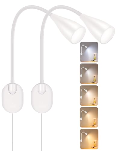 2 Pack LED Wall Mounted Bedside Reading Light, 3 Color Modes,10 Brightness Dimmable, USB Charging Port, Memory Timer Adhesive Wall Light Night Lamp for Books in Bed, Eye-Caring Bedroom Lighting White