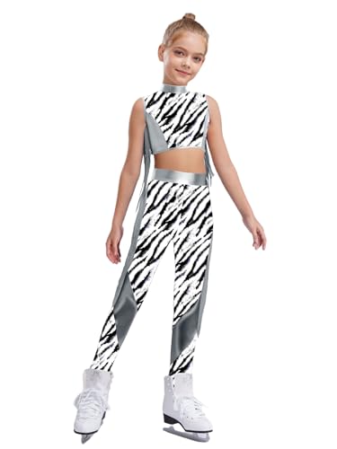 YEAHDOR Girls Hip Hop Jazz Dance Outfits Zebra Print Metallic Crop Tops and Skinny Leggings Athletic Outfits Silver 14 Years