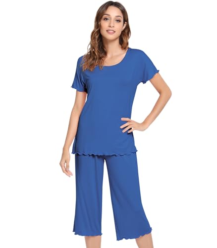 Image of NACHILA Women's Bamboo Viscose Pajama Sets Summer Cooling Short Sleeve Capri Soft Pjs Night Sweats Moisture Wicking Sleepwear